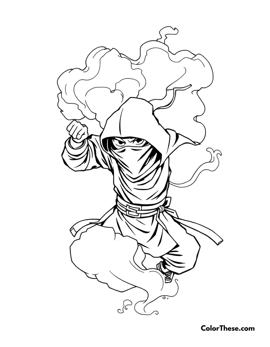 Free printable ninja in a smoke cloud coloring page for kids and adults. A ninja disappearing into a cloud of smoke.