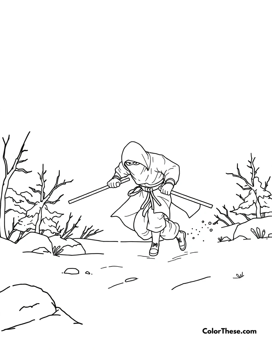 Free printable ninja in a snowy landscape coloring page for kids and adults. A ninja moving silently through a snowy landscape.
