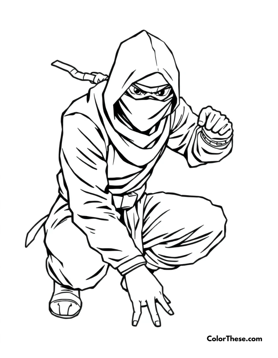 Free printable ninja in stealth mode coloring page for kids and adults. A ninja crouching in stealth mode, ready to strike.