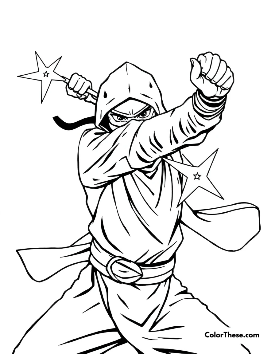 Free printable ninja throwing stars coloring page for kids and adults. A ninja throwing shuriken stars with precision.