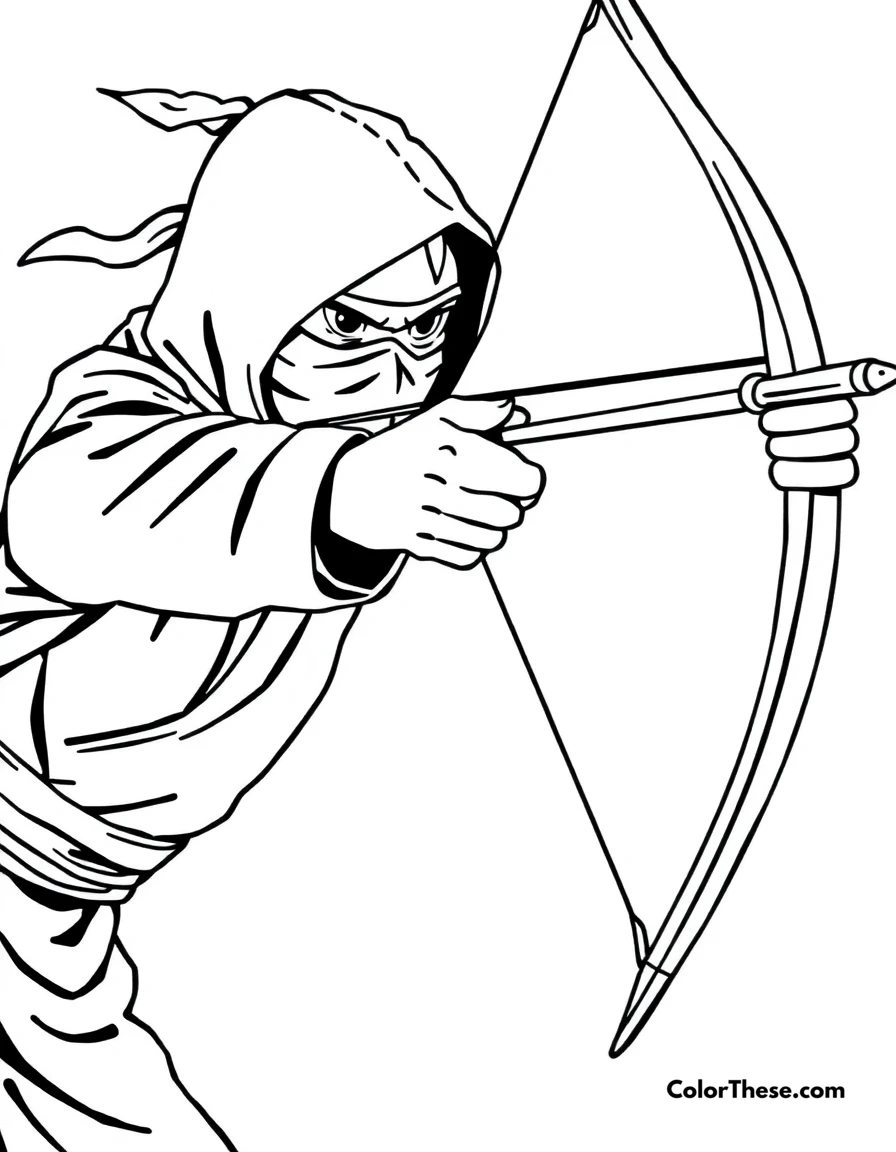 Free printable ninja with a bow coloring page for kids and adults. A ninja aiming a bow with precision.