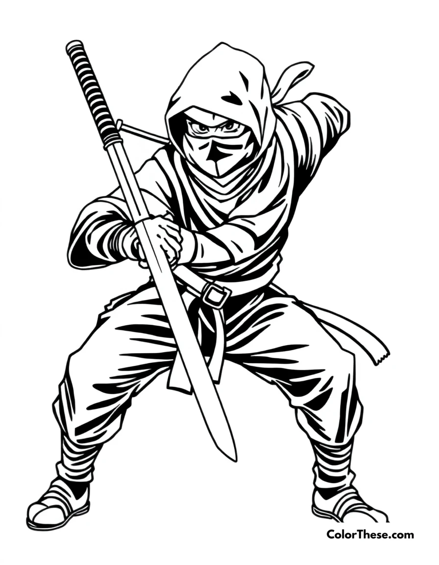 Free printable ninja with a katana coloring page for kids and adults. A ninja holding a katana in a defensive stance.