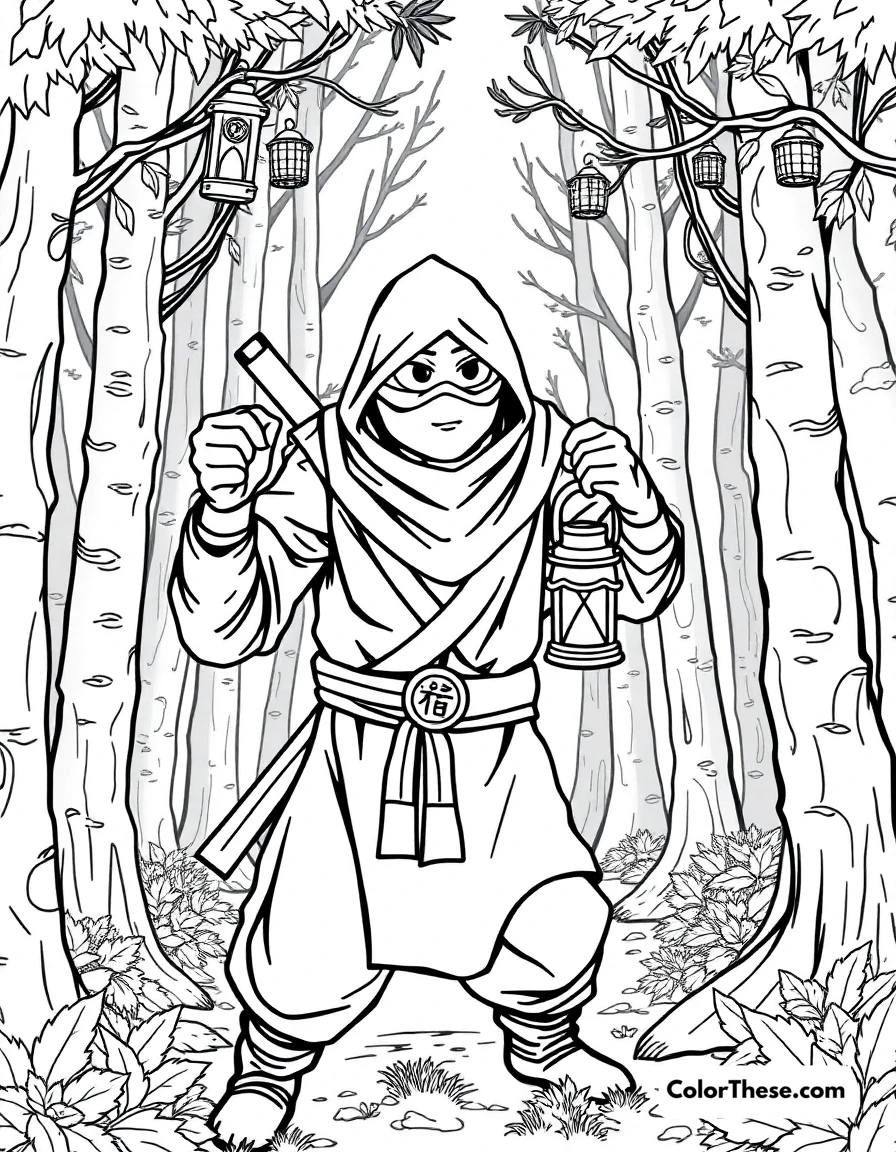 Free printable ninja with a lantern coloring page for kids and adults. A ninja holding a lantern in a dark forest.