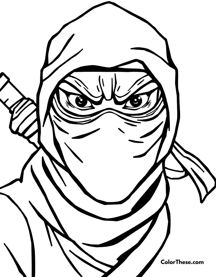 Free printable ninja with a mask coloring page for kids and adults. A ninja wearing a traditional mask, ready for action.