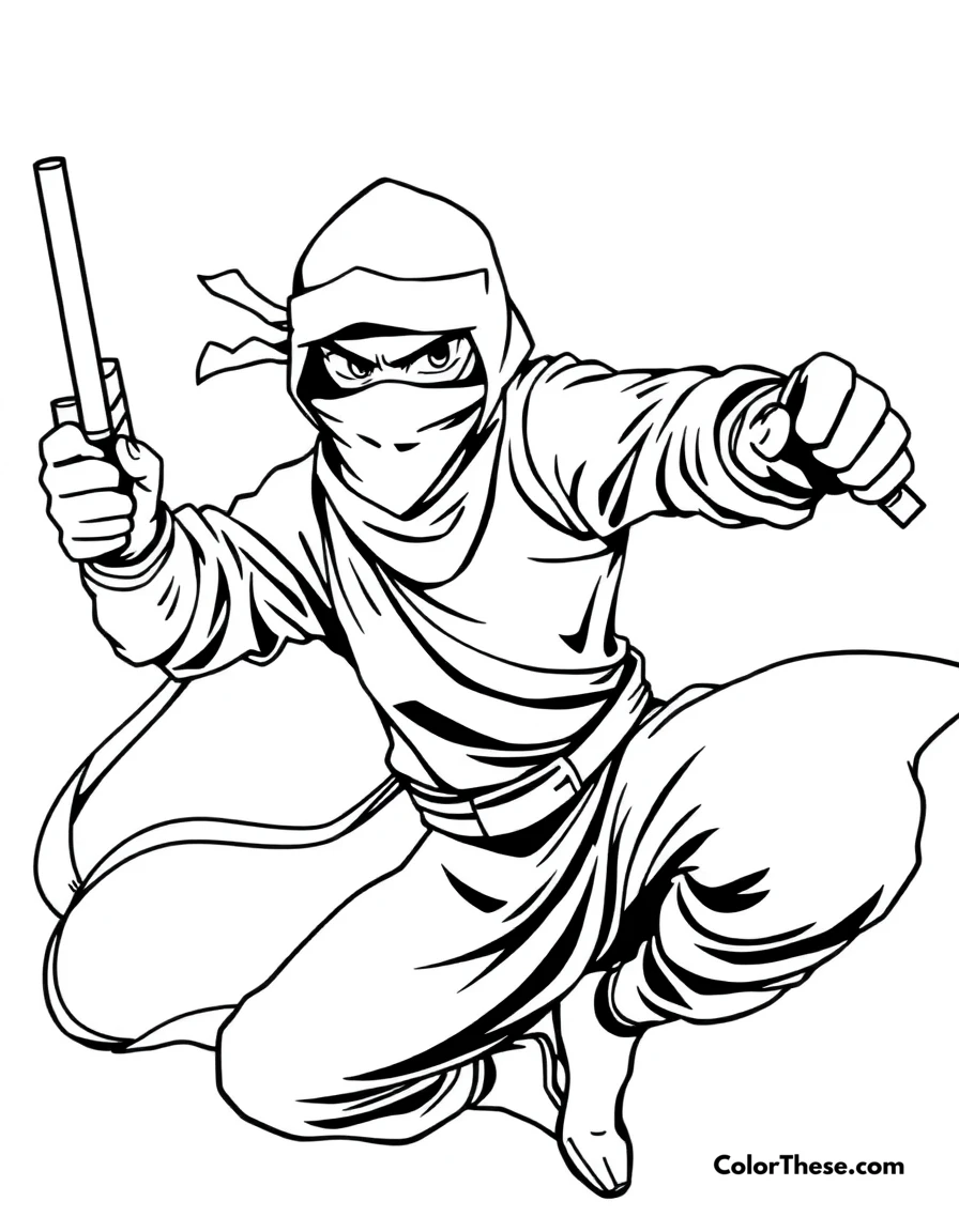 Free printable ninja with nunchucks coloring page for kids and adults. A ninja wielding nunchucks in a dynamic pose.