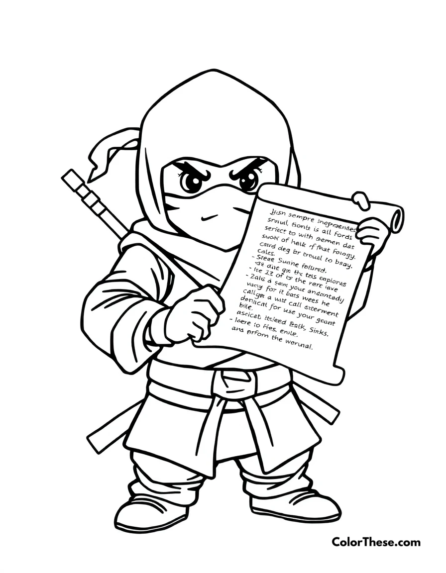 Free printable ninja with a scroll coloring page for kids and adults. A ninja holding a scroll with important information.