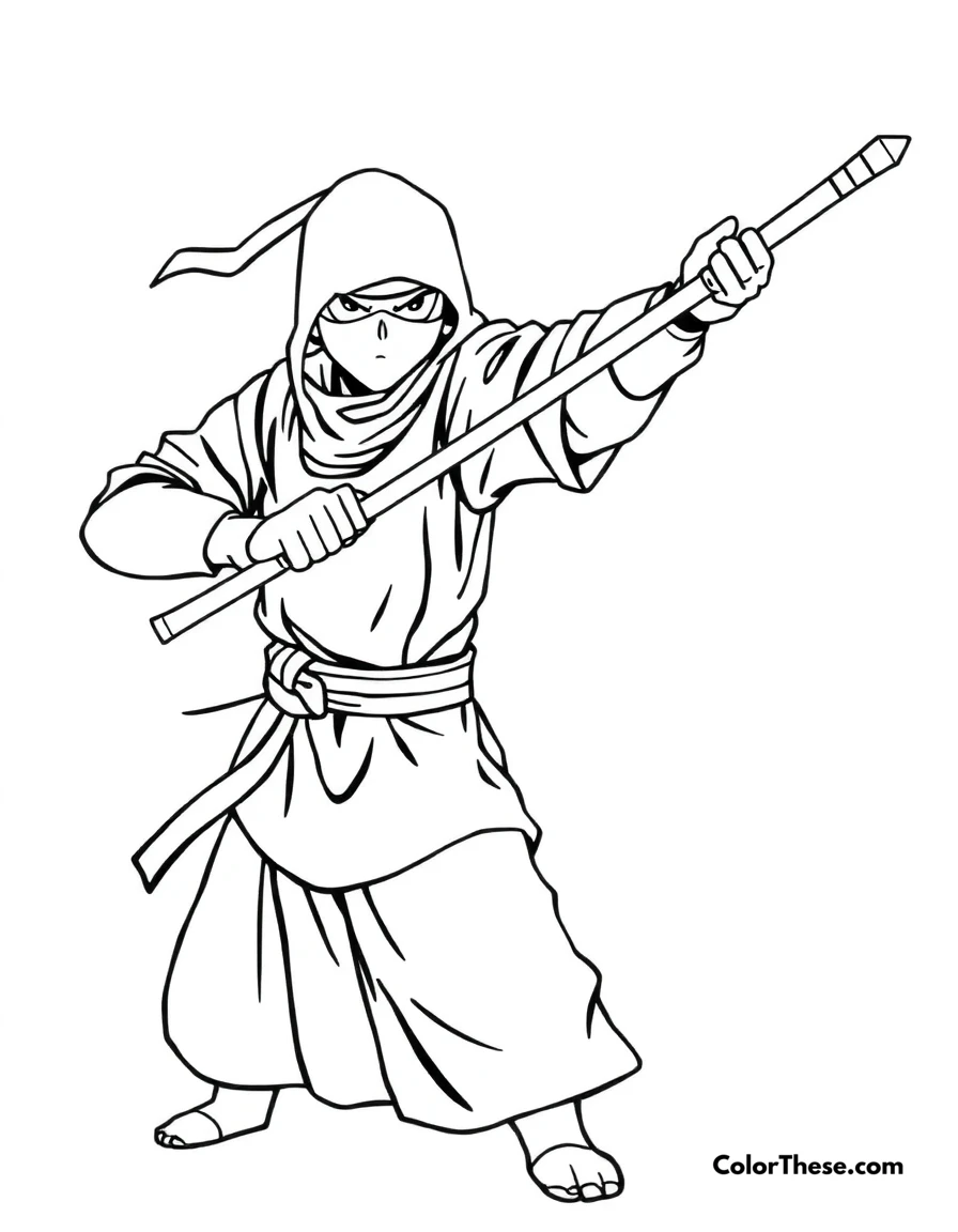 Free printable ninja with a staff coloring page for kids and adults. A ninja wielding a staff in a defensive stance.