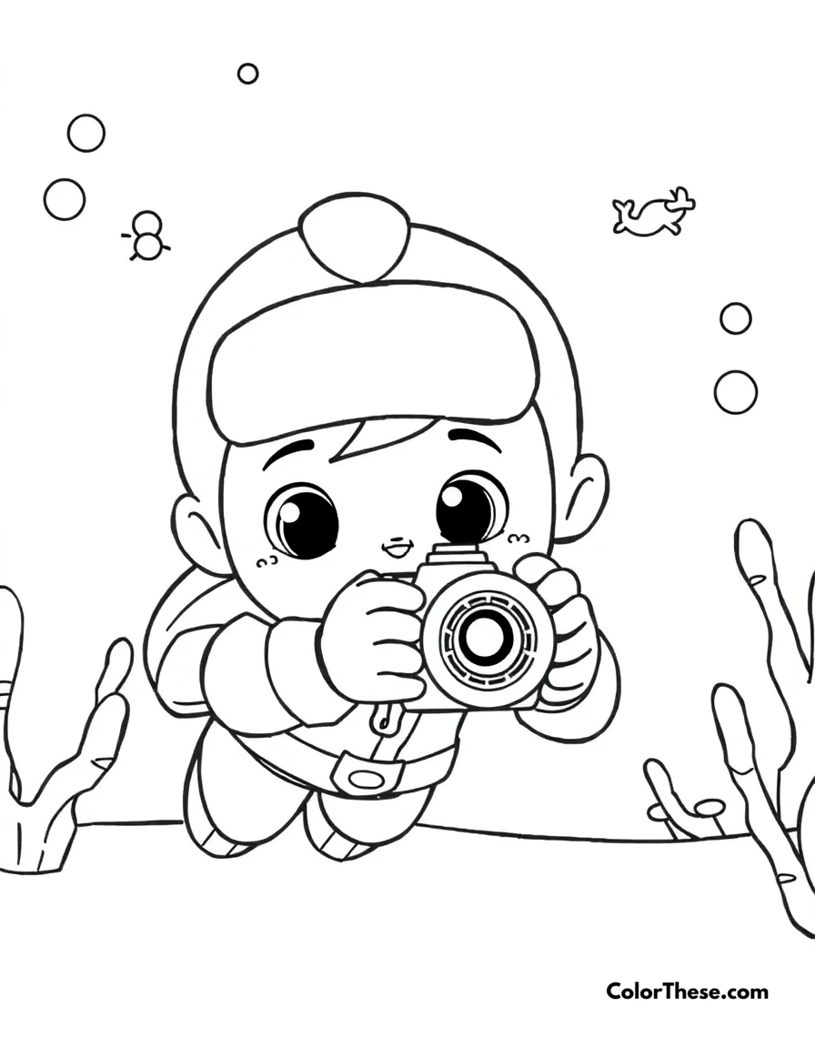 Free printable dashi taking underwater photos coloring page for kids and adults. Dashi the Octonauts photographer capturing underwater moments.