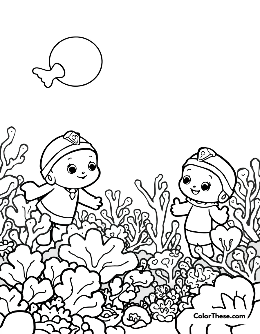 Free printable the octonauts exploring a coral reef coloring page for kids and adults. The Octonauts exploring a vibrant coral reef.