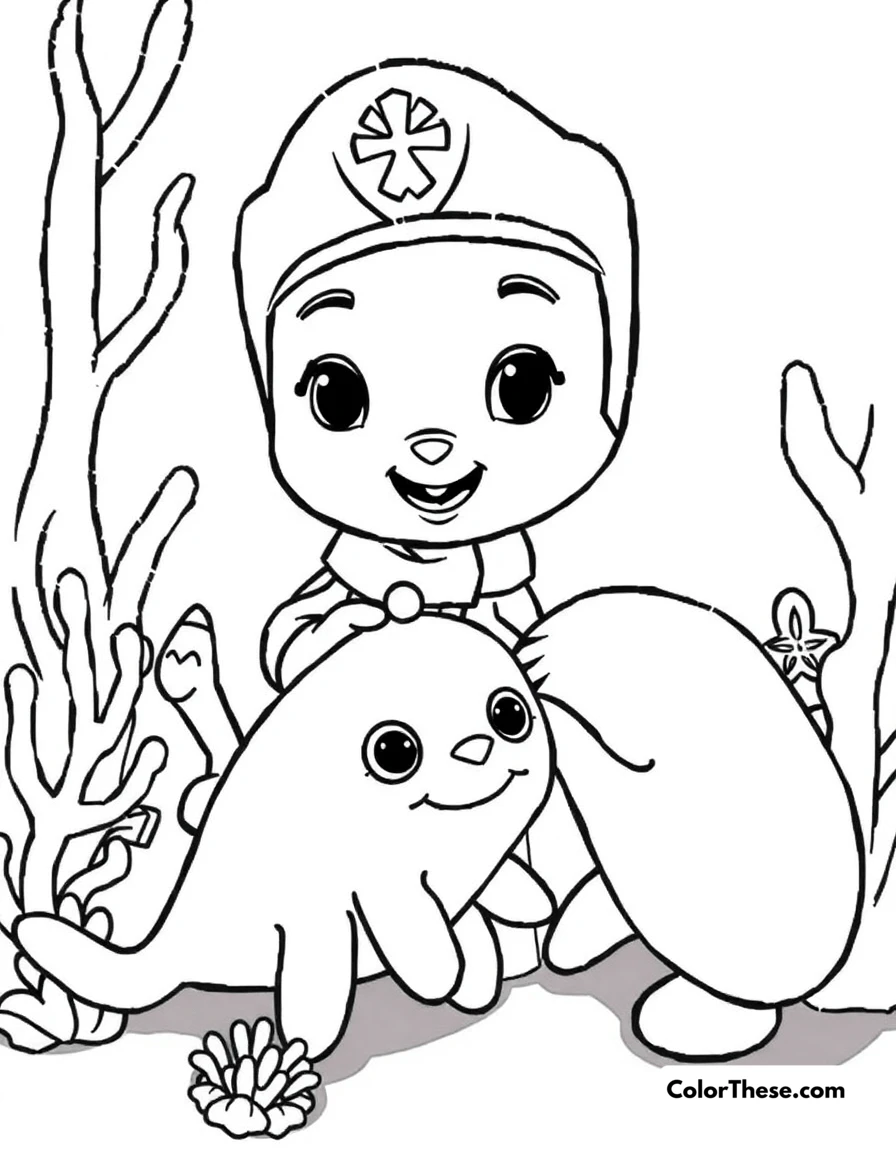 Free printable peso the medic helping a sea creature coloring page for kids and adults. Peso the Octonauts medic assisting a sea creature.