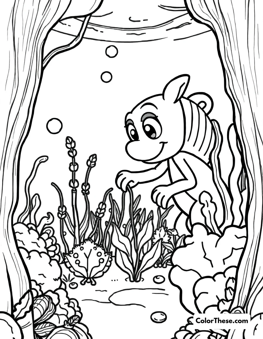 Free printable tunip the vegimal gardening coloring page for kids and adults. Tunip the Vegimal tending to an underwater garden.