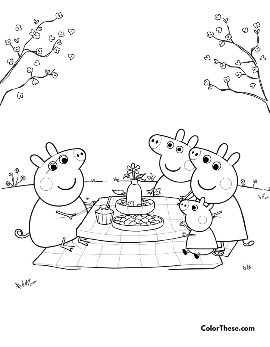 Free printable peppa pig and family having a picnic coloring page for kids and adults. Peppa Pig and her family enjoying a picnic together.