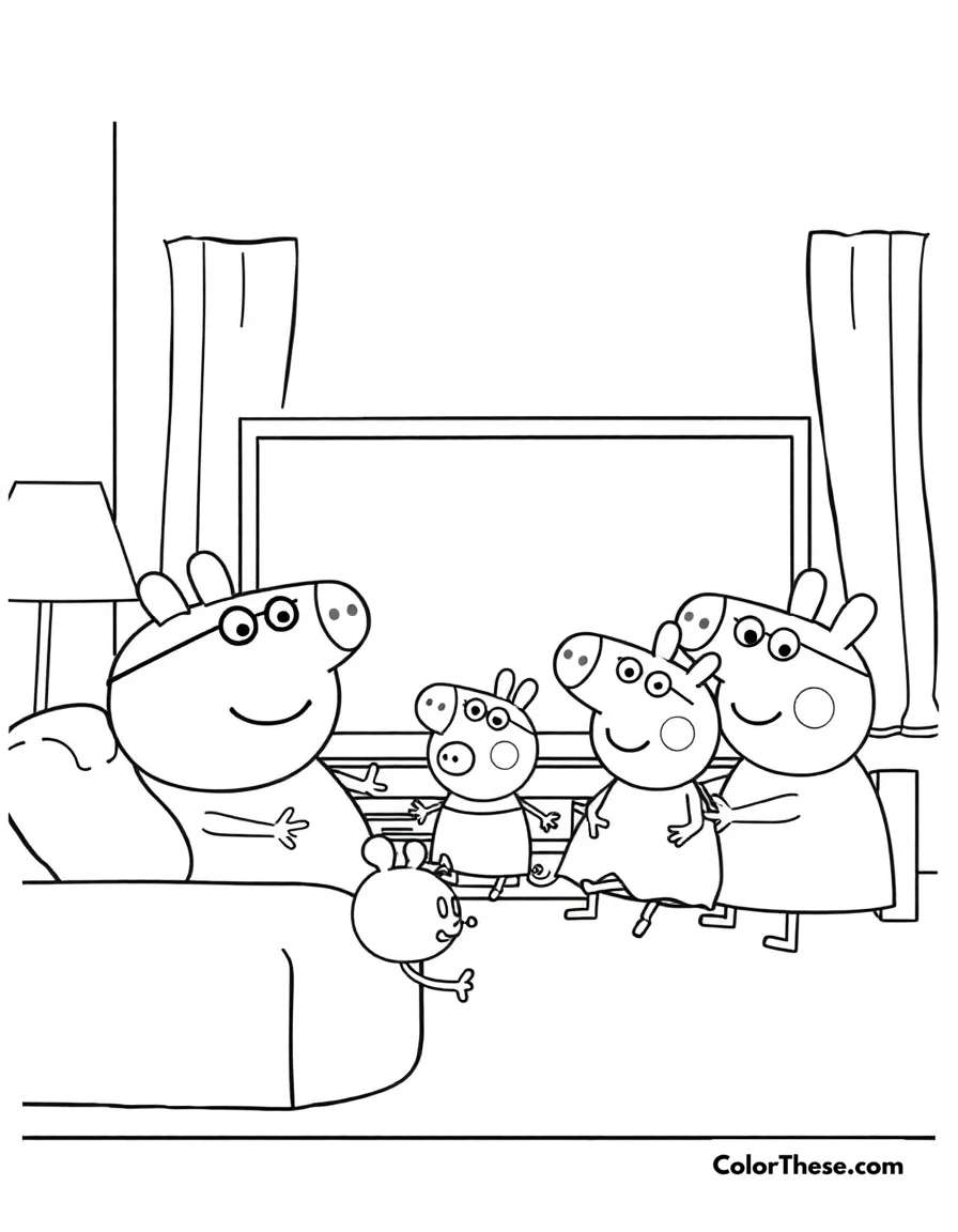 Free printable peppa pig and family watching tv coloring page for kids and adults. Peppa Pig and her family relaxing and watching TV together.