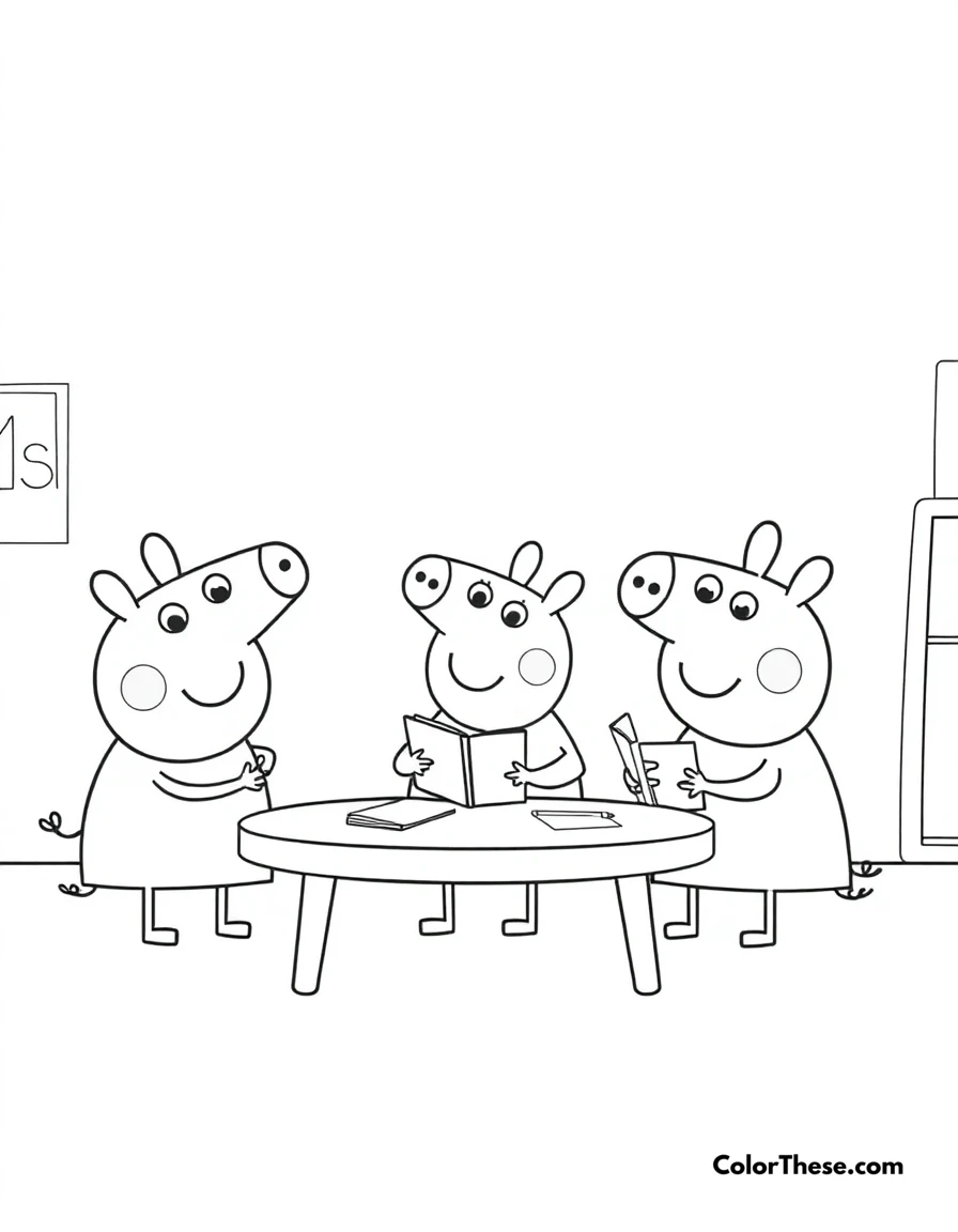 Free printable peppa pig and friends at school coloring page for kids and adults. Peppa Pig and her friends learning at school.