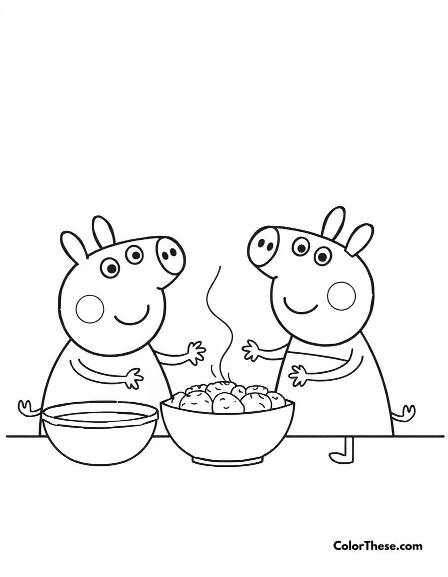 Free printable peppa pig and george baking with mummy pig coloring page for kids and adults. Peppa Pig and George Pig baking with Mummy Pig.