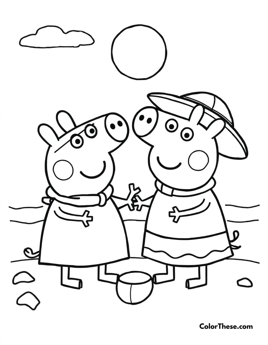Free printable peppa pig and george at the beach coloring page for kids and adults. Peppa Pig and George Pig playing at the beach.