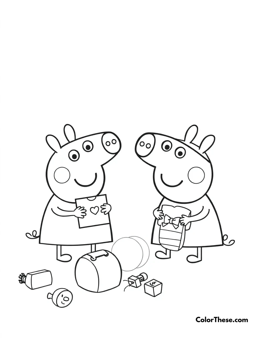 Free printable peppa pig and george playing with toys coloring page for kids and adults. Peppa Pig and George Pig playing with their favorite toys.