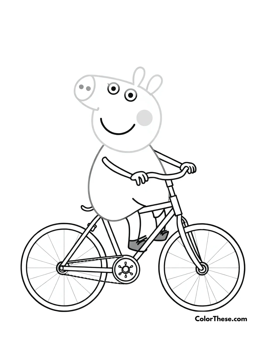 Free printable peppa pig riding her bicycle coloring page for kids and adults. Peppa Pig riding her bicycle with a big smile.