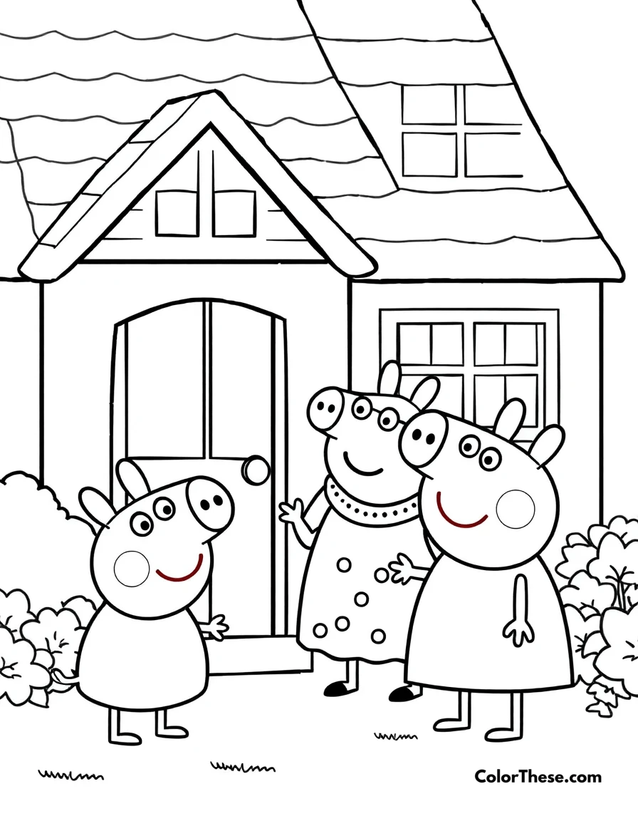 Free printable peppa pig visiting granny and grandpa pig coloring page for kids and adults. Peppa Pig visiting Granny and Grandpa Pig at their house.