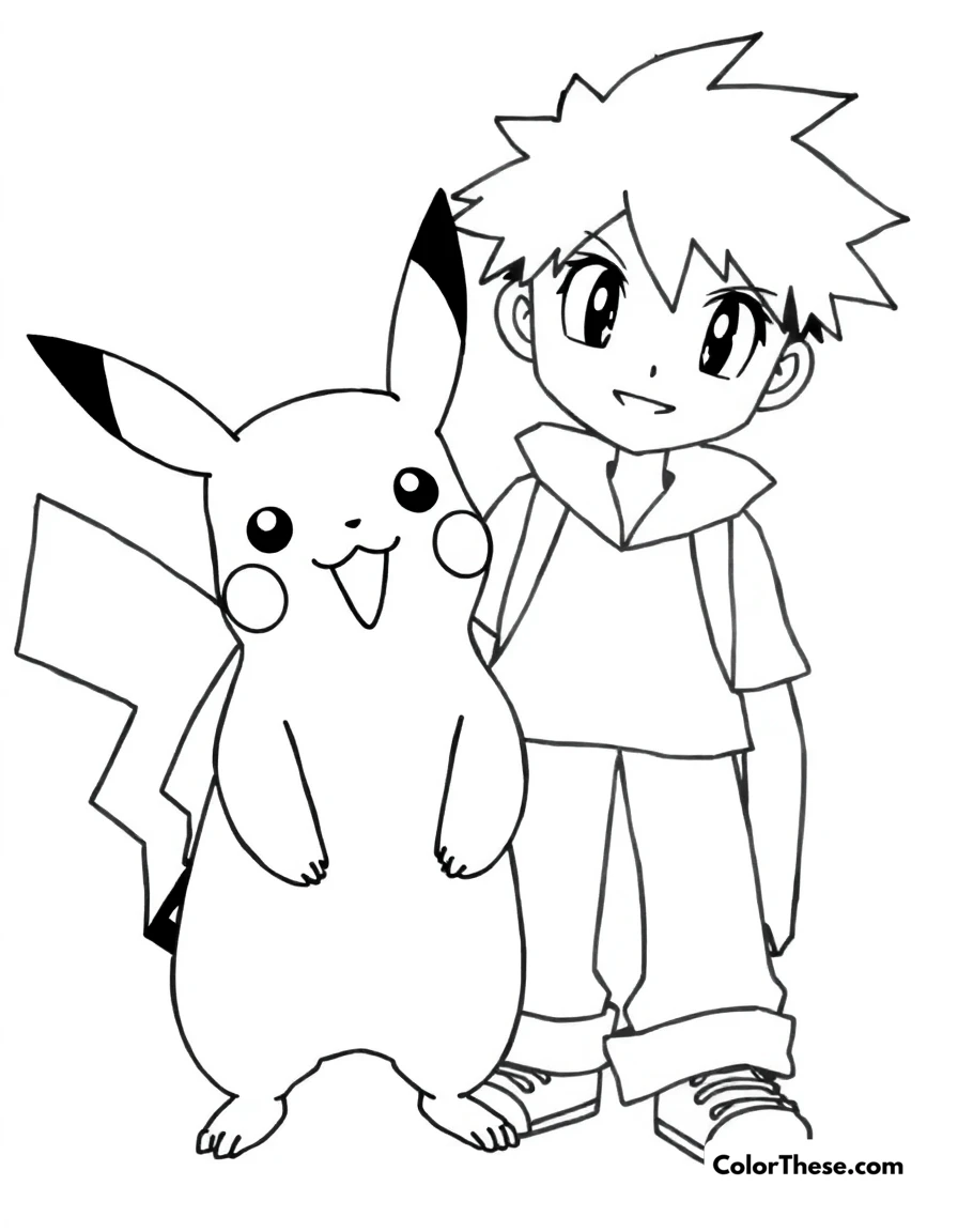 Free printable pikachu and ash together coloring page for kids and adults. Pikachu standing next to Ash, its best friend and trainer.