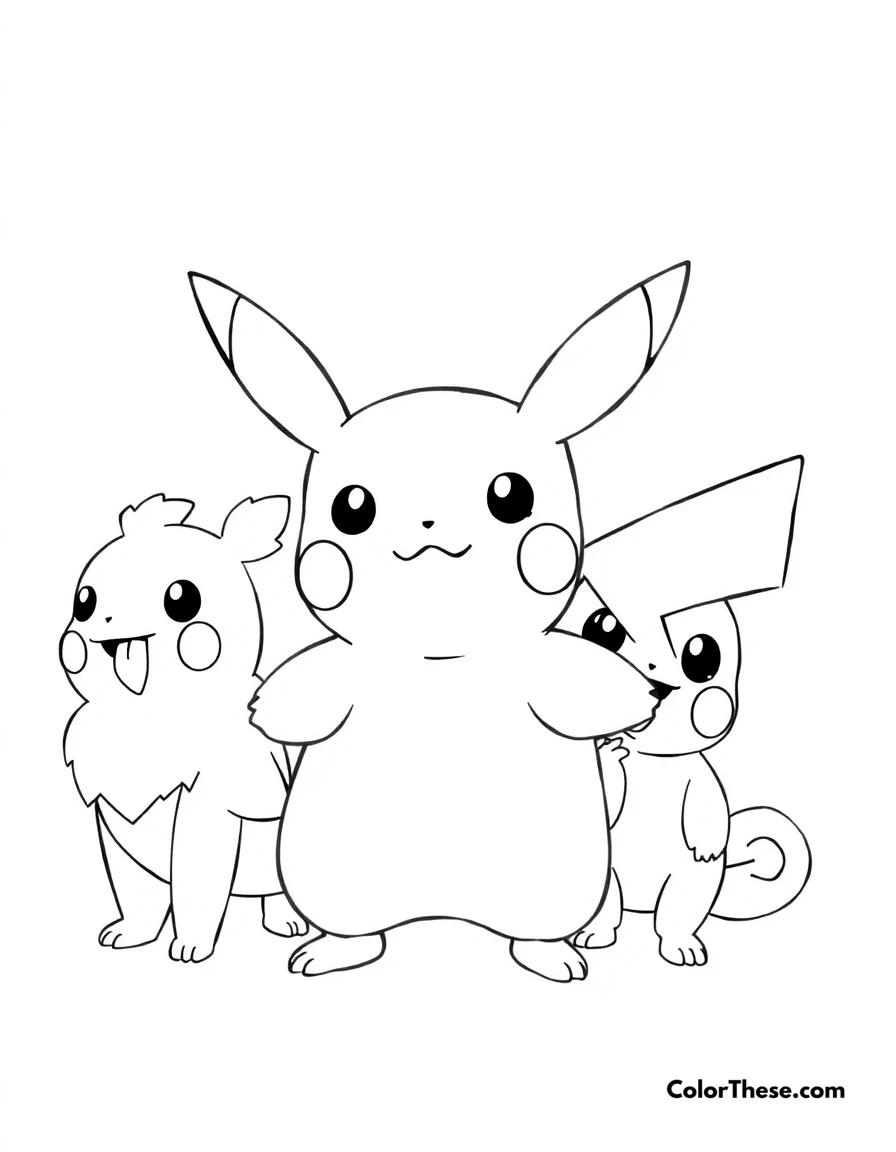 Free printable pikachu and friends coloring page for kids and adults. Pikachu standing with its Pokémon friends.