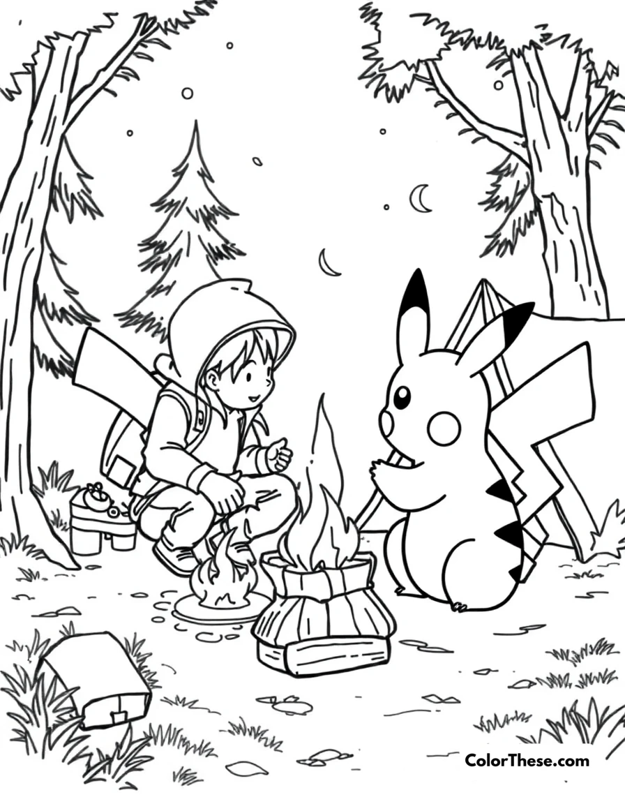 Free printable pikachu and ash camping coloring page for kids and adults. Pikachu and Ash setting up a campsite.