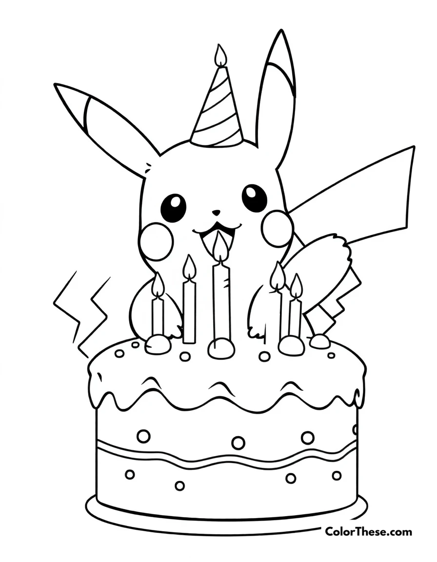 Free printable pikachu and a birthday cake coloring page for kids and adults. Pikachu celebrating with a birthday cake.
