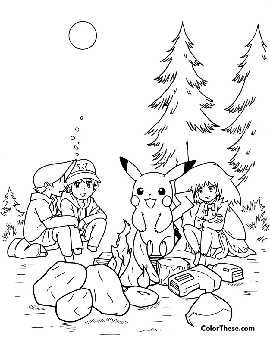 Free printable pikachu and a campfire coloring page for kids and adults. Pikachu sitting by a campfire with Ash and friends.
