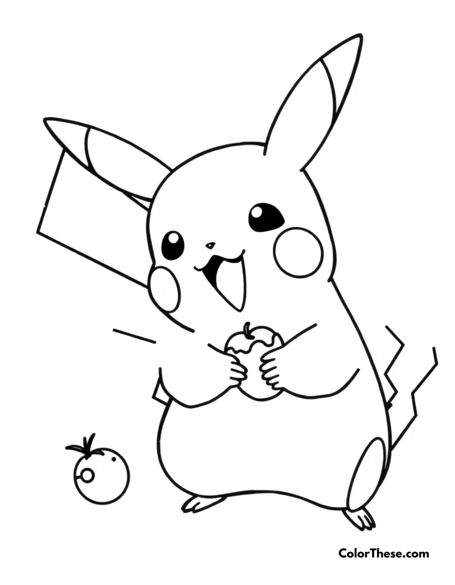 Free printable pikachu eating a berry coloring page for kids and adults. Pikachu happily eating a berry.