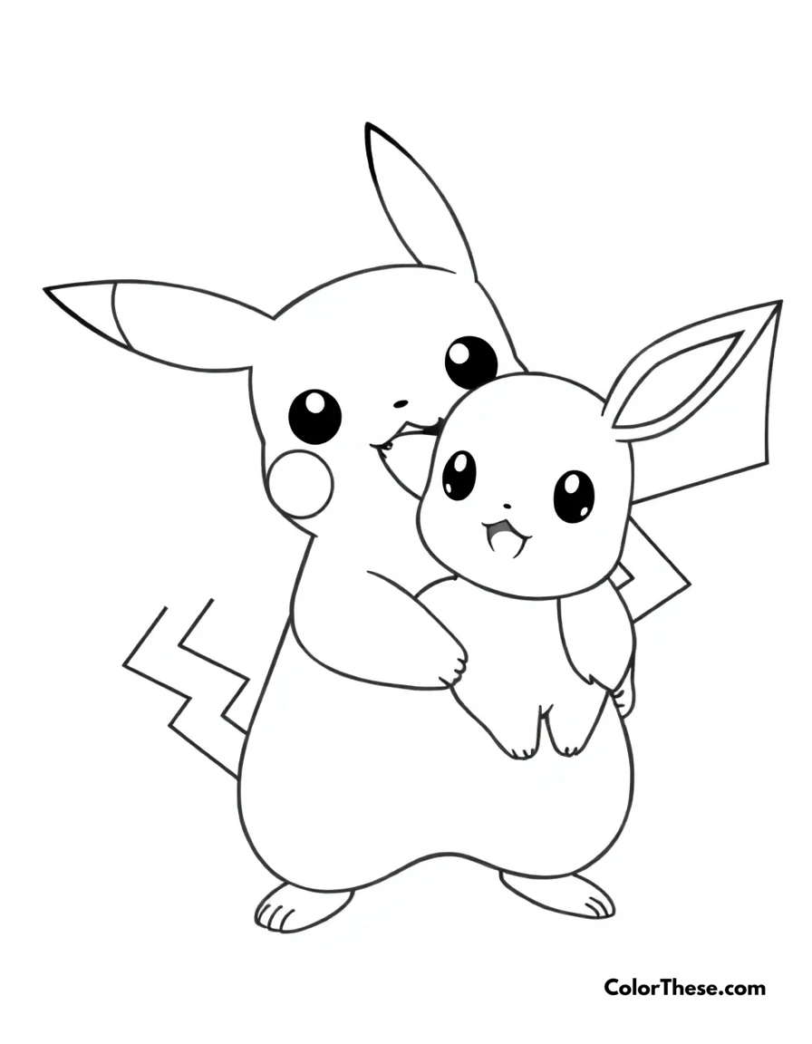 Free printable pikachu and eevee together coloring page for kids and adults. Pikachu standing with its friend Eevee.