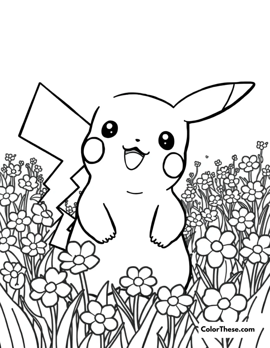 Free printable pikachu in a flower field coloring page for kids and adults. Pikachu standing in a field of flowers.