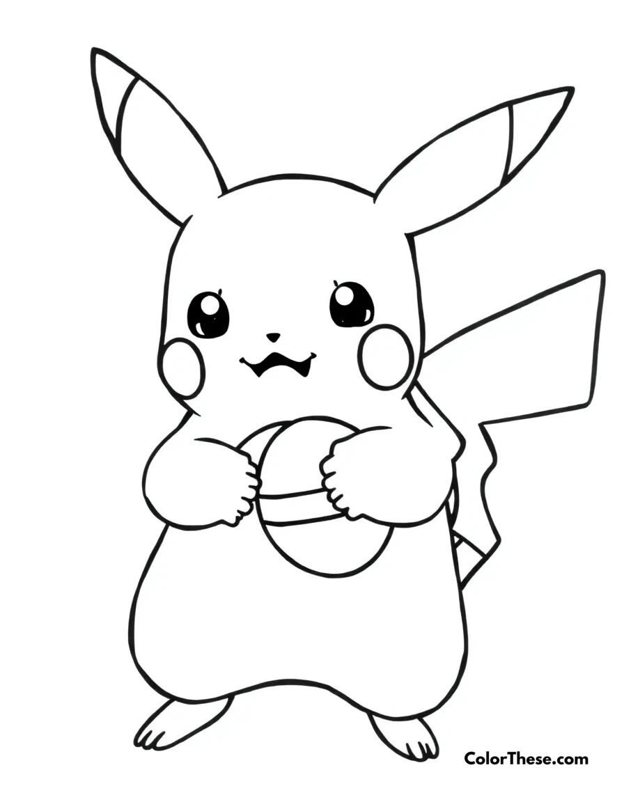 Free printable pikachu holding a poké ball coloring page for kids and adults. Pikachu holding a Poké Ball with a curious expression.