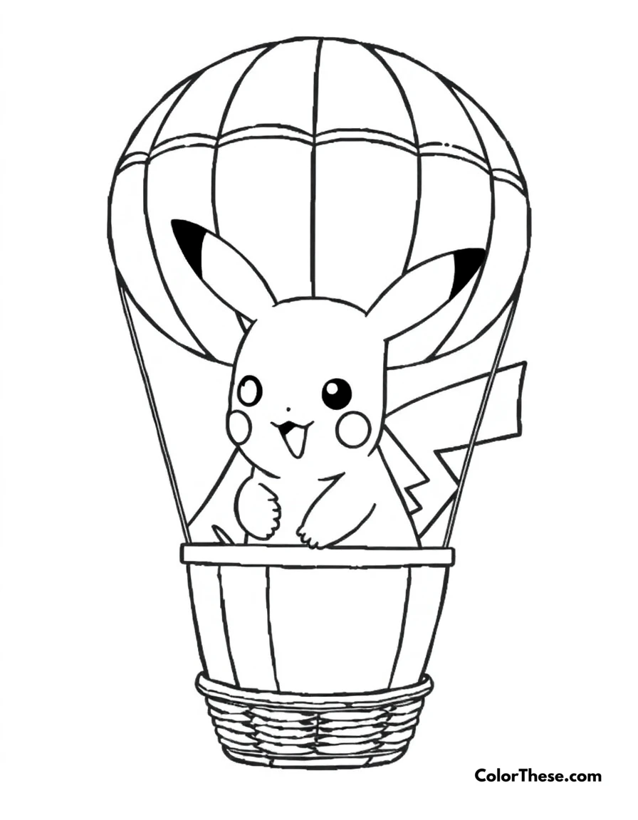 Free printable pikachu and a hot air balloon coloring page for kids and adults. Pikachu riding in a hot air balloon.