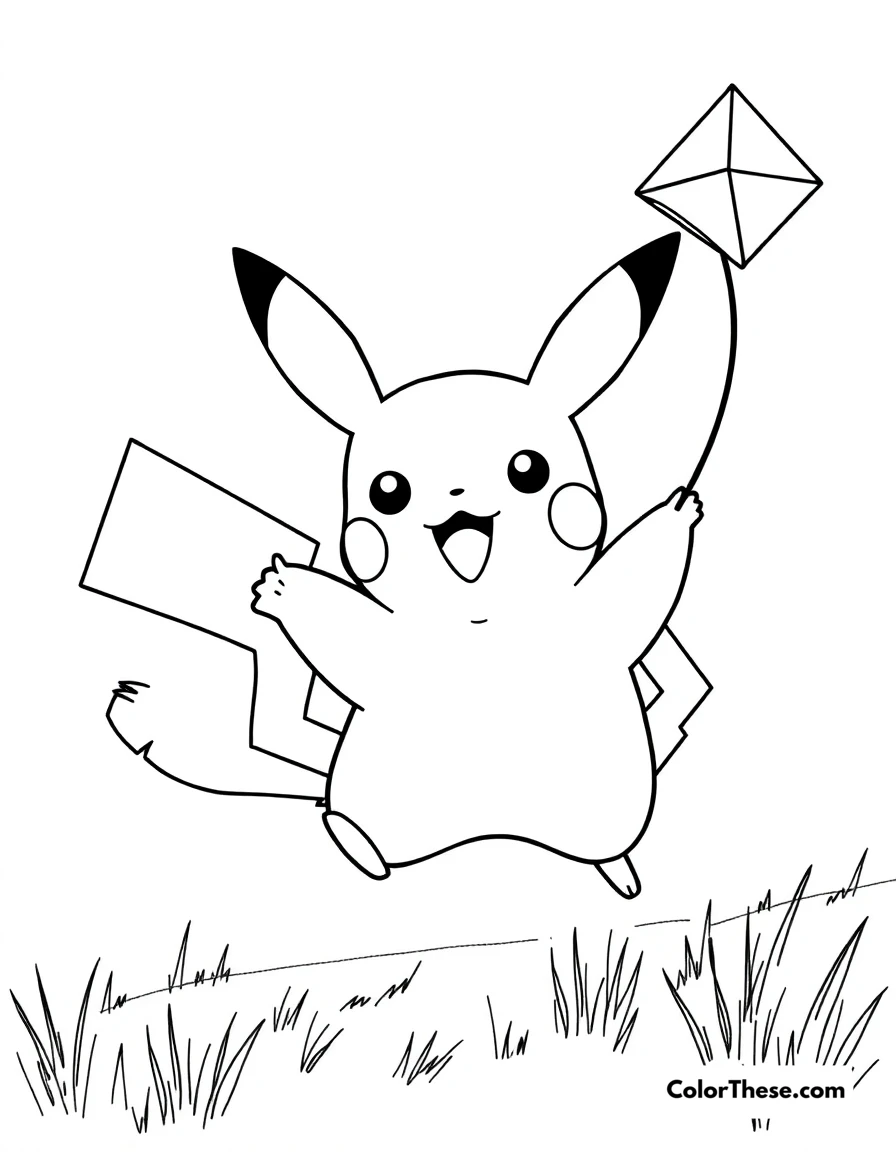 Free printable pikachu and a kite coloring page for kids and adults. Pikachu flying a kite on a windy day.