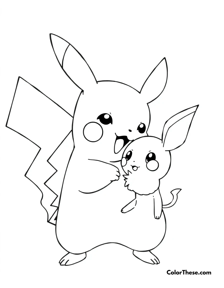 Free printable pikachu and pichu playing coloring page for kids and adults. Pikachu playing with its pre-evolved form, Pichu.