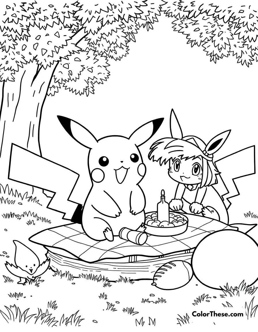 Free printable pikachu and a picnic coloring page for kids and adults. Pikachu enjoying a picnic with Ash and friends.