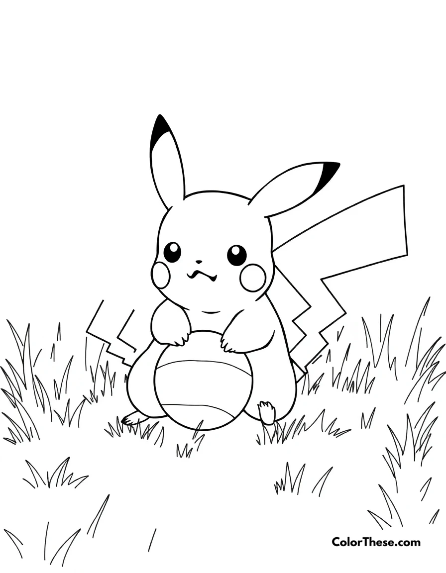 Free printable pikachu playing with a ball coloring page for kids and adults. Pikachu playing with a ball in a grassy field.