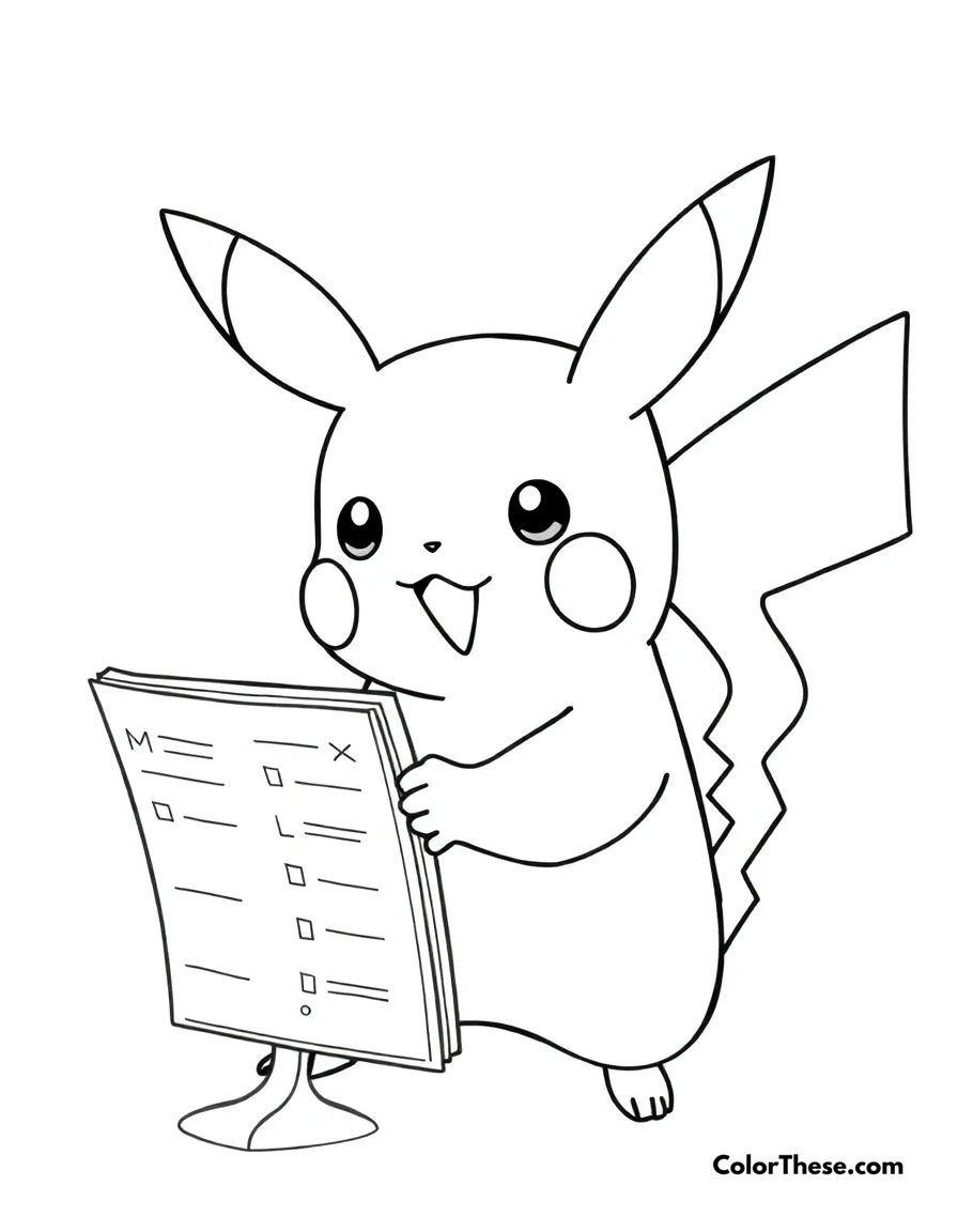 Free printable pikachu and a pokédex coloring page for kids and adults. Pikachu looking at a Pokédex with curiosity.