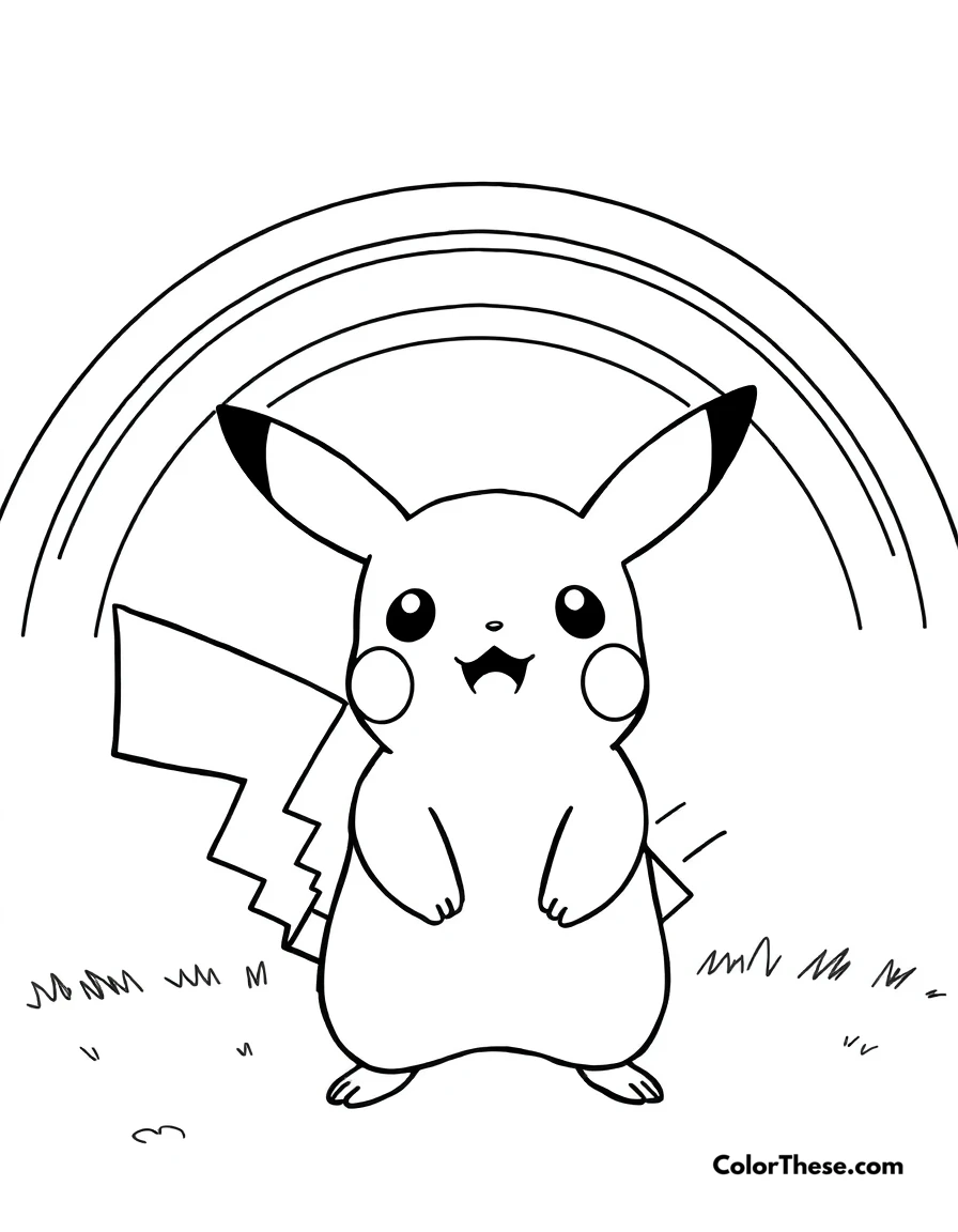 Free printable pikachu and a rainbow coloring page for kids and adults. Pikachu standing under a rainbow.