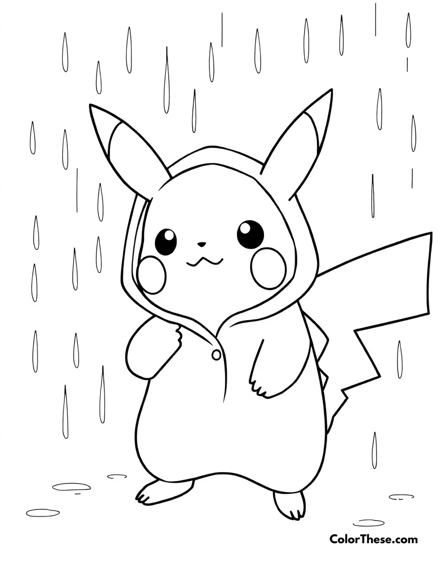 Free printable pikachu in a raincoat coloring page for kids and adults. Pikachu wearing a raincoat in the rain.