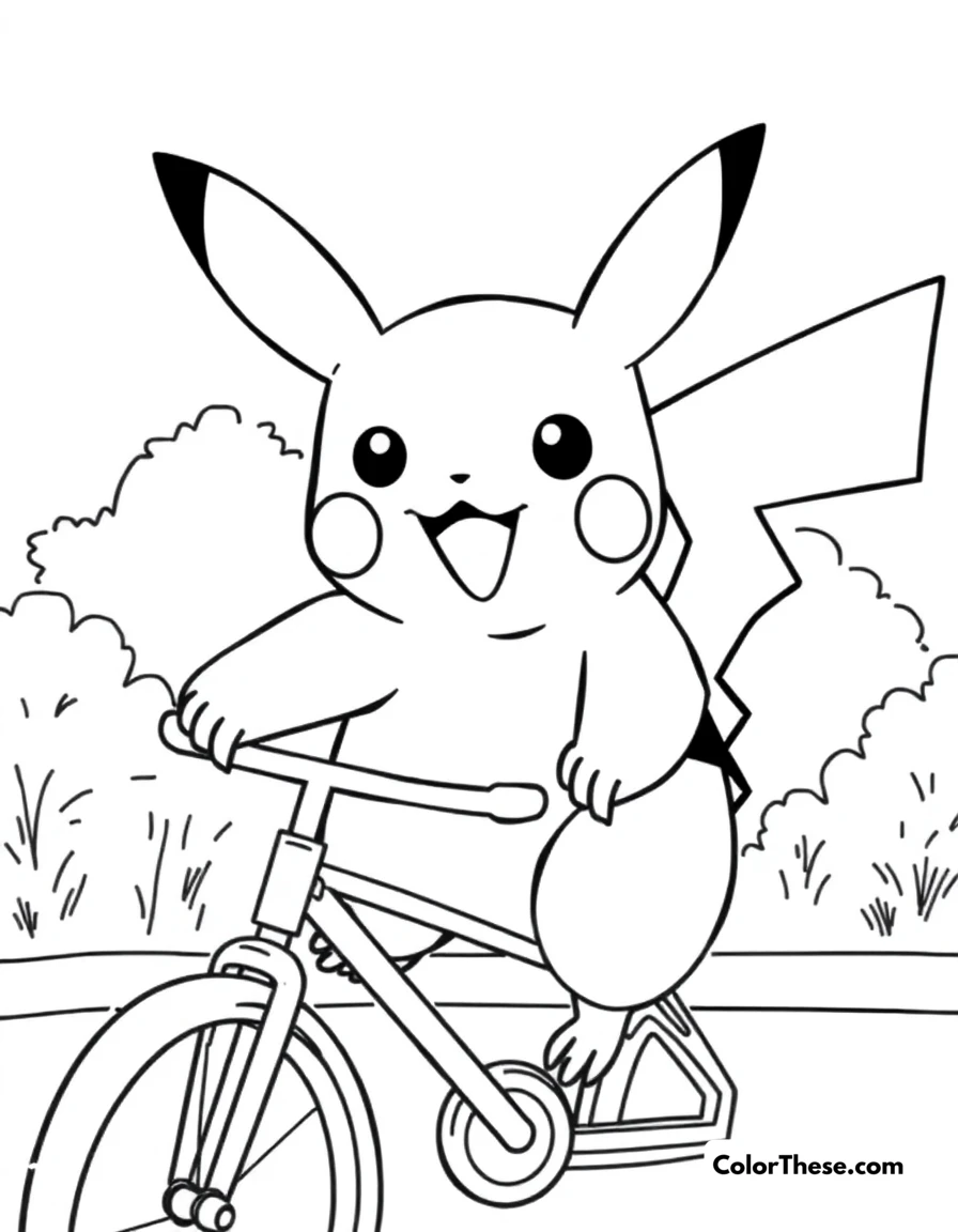 Free printable pikachu riding a bicycle coloring page for kids and adults. Pikachu riding a bicycle with a big smile.
