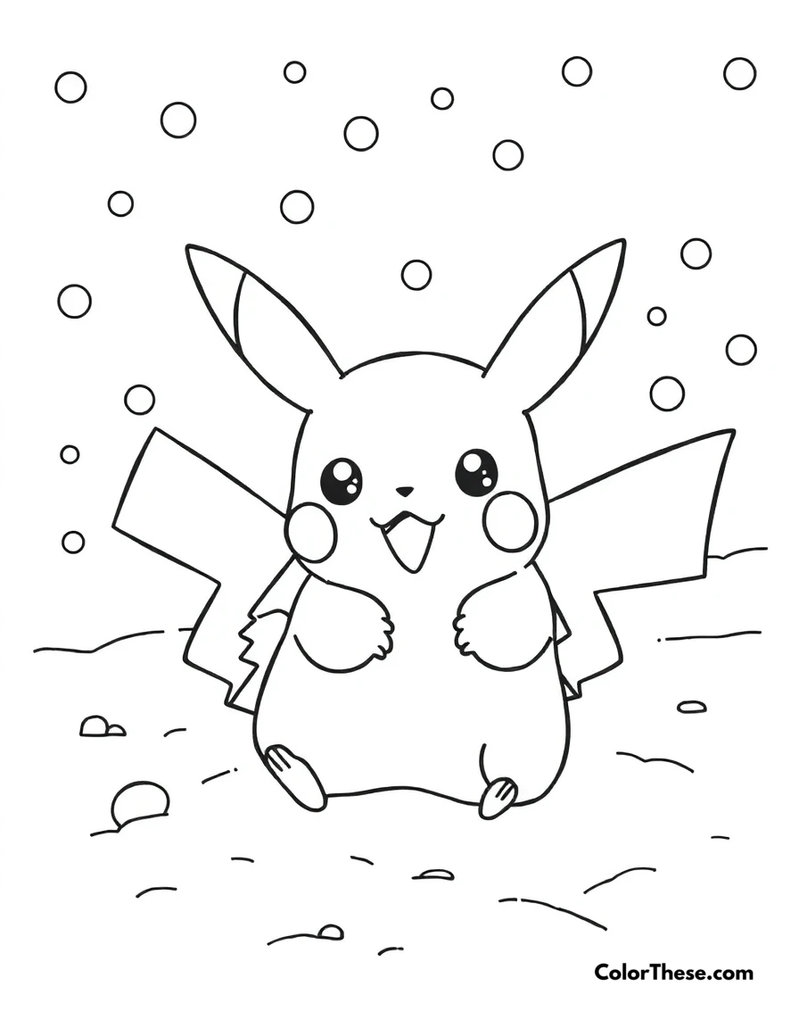 Free printable pikachu in a snowy landscape coloring page for kids and adults. Pikachu playing in the snow.