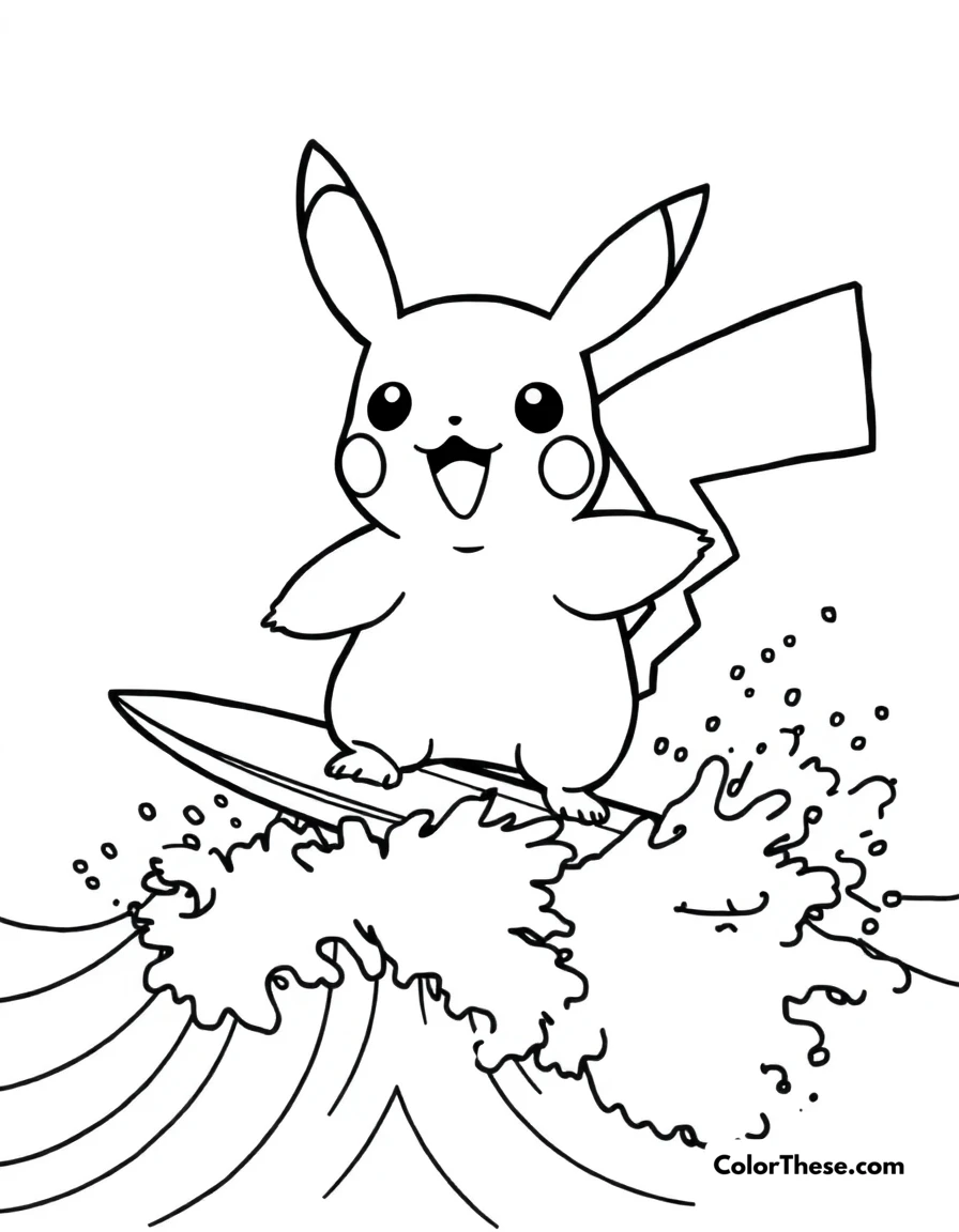 Free printable pikachu and a surfboard coloring page for kids and adults. Pikachu riding a surfboard on the waves.