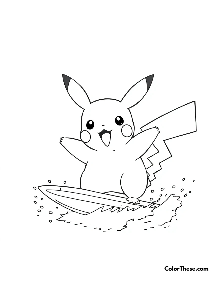 Free printable pikachu and a surfing competition coloring page for kids and adults. Pikachu competing in a surfing competition.