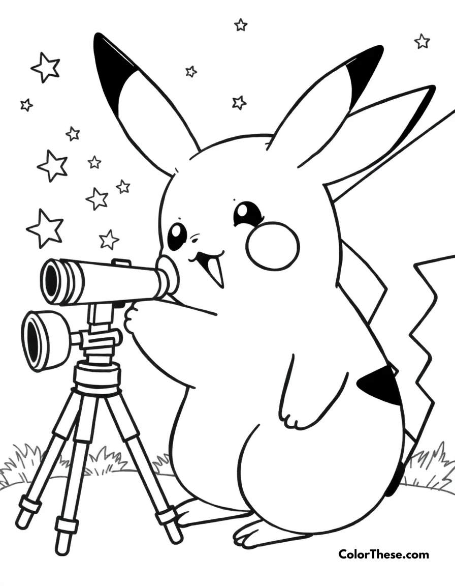 Free printable pikachu and a telescope coloring page for kids and adults. Pikachu looking through a telescope at the stars.