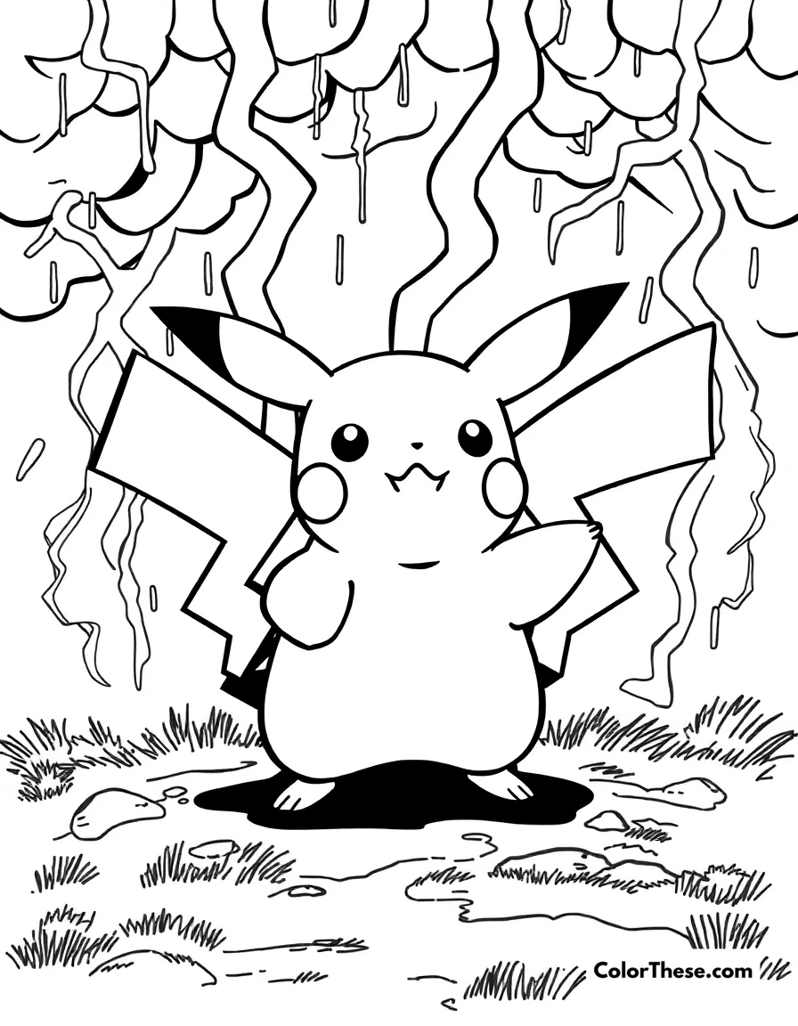 Free printable pikachu and a thunderstorm coloring page for kids and adults. Pikachu standing in a thunderstorm, ready to battle.
