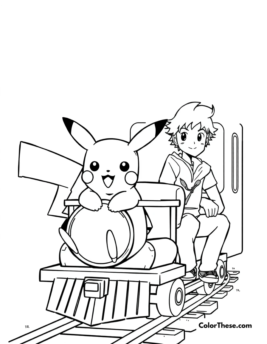 Free printable pikachu and a train coloring page for kids and adults. Pikachu riding on a train with Ash.