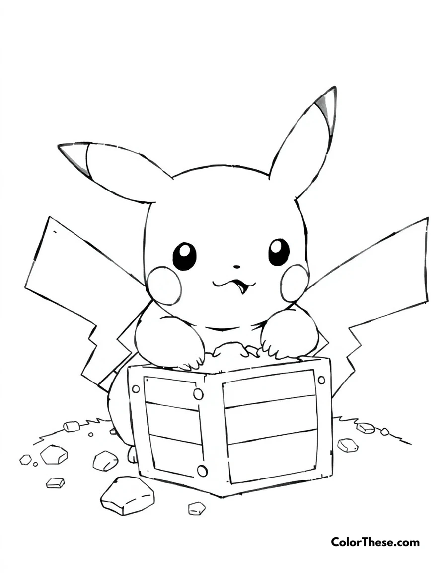 Free printable pikachu and a treasure chest coloring page for kids and adults. Pikachu discovering a treasure chest.