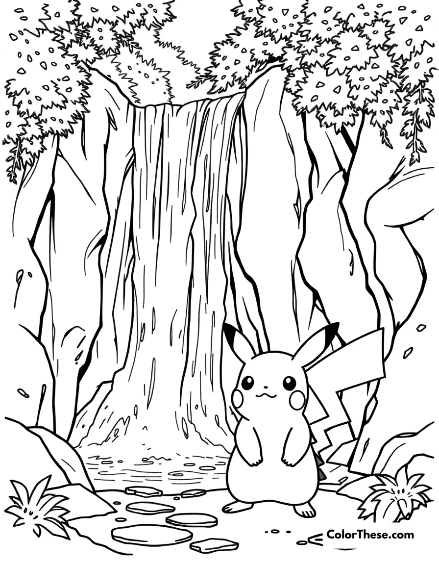 Free printable pikachu and a waterfall coloring page for kids and adults. Pikachu standing near a cascading waterfall.