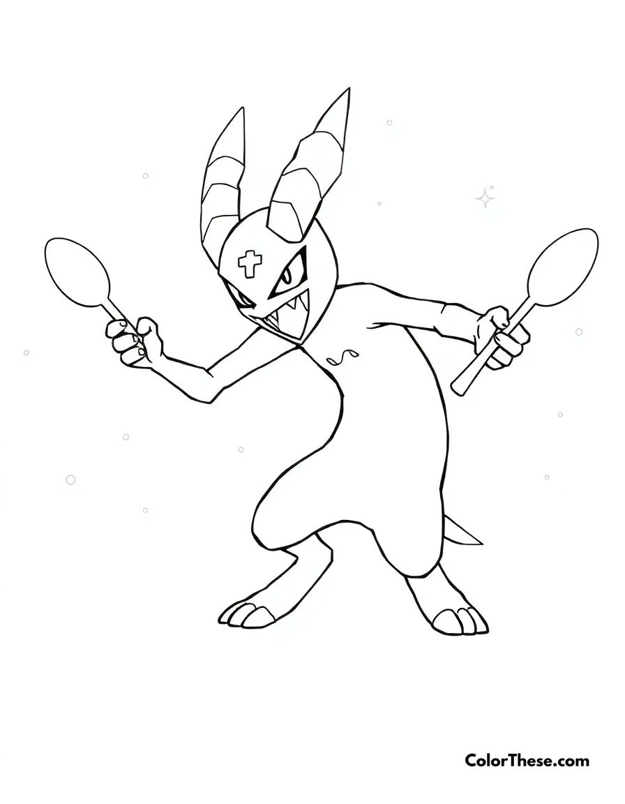 Free printable alakazam using psychic coloring page for kids and adults. Alakazam (Pokemon) using its Psychic attack with glowing spoons.